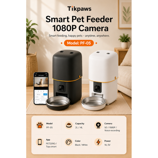 TikPaws PF05 Smart Pet Feeder – 1080P Camera Automatic Food Dispenser with Dual WiFi & Voice Recording
