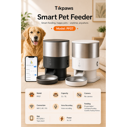 TikPaws PF07 WiFi Smart Pet Feeder –3L,5L Automatic Food Dispenser with Voice Recording & Smart Scheduling