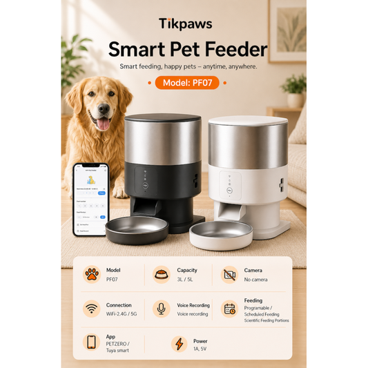 TikPaws PF07 WiFi Smart Pet Feeder –3L,5L Automatic Food Dispenser with Voice Recording & Smart Scheduling