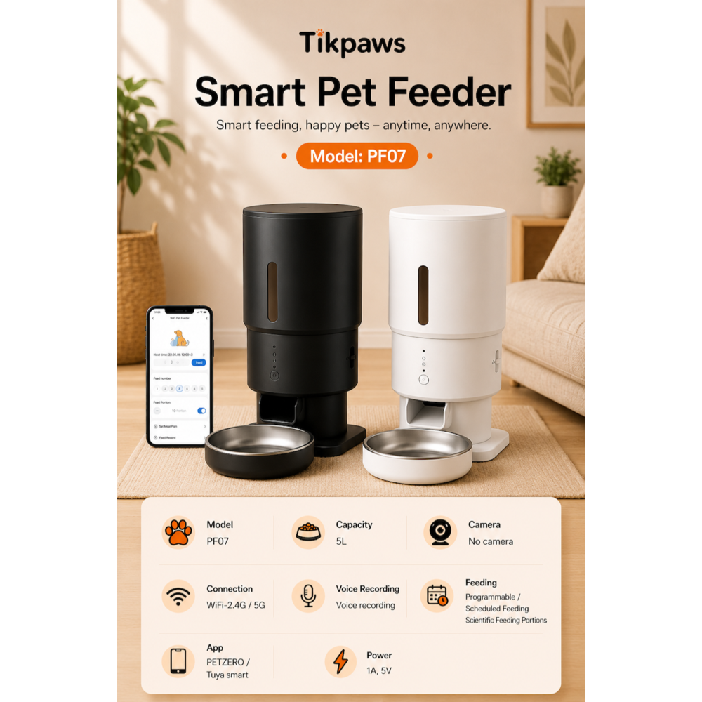 TikPaws PF07-5L Smart Pet Feeder – 5L Automatic Food Dispenser with Dual WiFi & App Control