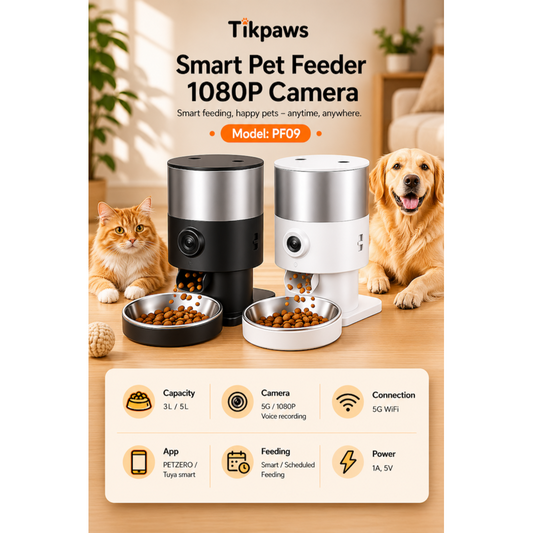 TikPaws PF09 Smart Pet Feeder – 1080P Camera Automatic Food Dispenser with Dual WiFi & Voice Recording