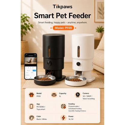 TikPaws PF09 Smart Pet Feeder – 5L Automatic Food Dispenser with 1080P Camera, Dual WiFi & App Control