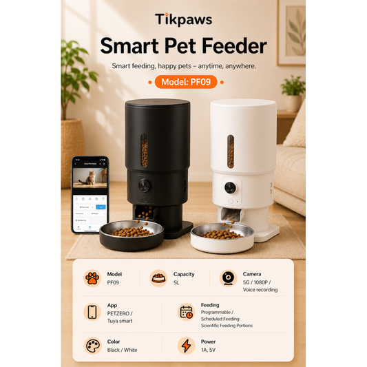 TikPaws PF09 Smart Pet Feeder – 5L Automatic Food Dispenser with 1080P Camera, Dual WiFi & App Control
