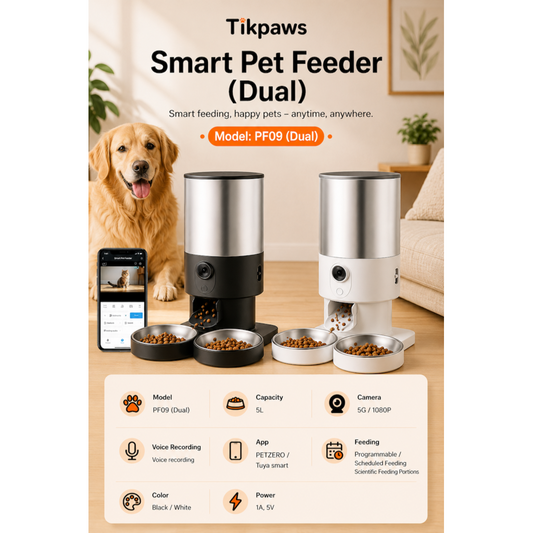TikPaws PF09 Dual Smart Pet Feeder – 5L Automatic Dual Bowl Food Dispenser with 1080P Camera, Dual WiFi &amp; Voice Recording