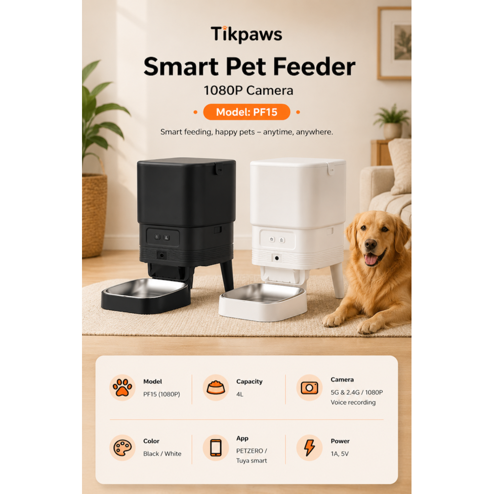 TikPaws PF15 Smart Pet Feeder – 4L Automatic Food Dispenser with 1080P Camera, Dual WiFi & Voice Recording