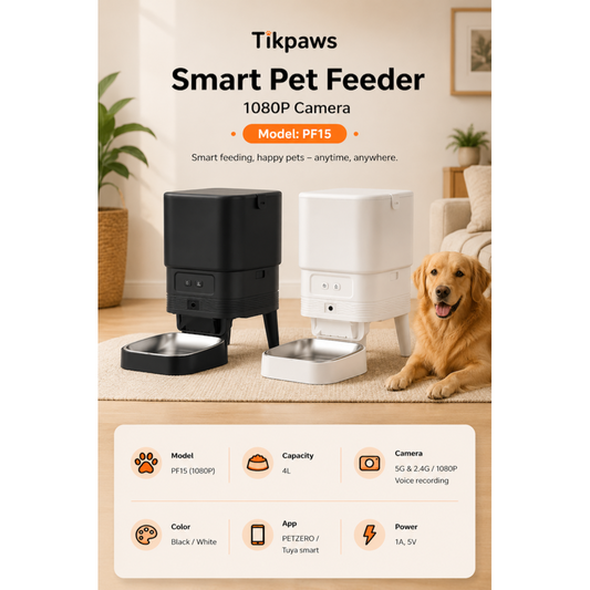 TikPaws PF15 Smart Pet Feeder – 4L Automatic Food Dispenser with 1080P Camera, Dual WiFi & Voice Recording