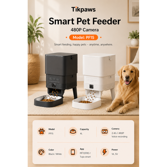 TikPaws PF15 Smart Pet Feeder – 4L Automatic Food Dispenser with 480P Night Vision Camera, WiFi & Voice Recording