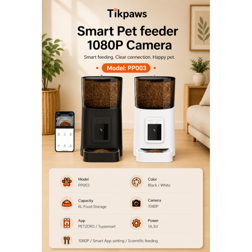 Smart Pet Feeder PP003 – 6L Automatic Pet Food Dispenser with 1080P Camera, Voice Recording & Smart Feeding Schedule
