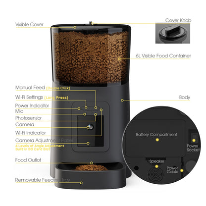 Smart Pet Feeder PP003 – 6L Automatic Pet Food Dispenser with 1080P Camera, Voice Recording & Smart Feeding Schedule