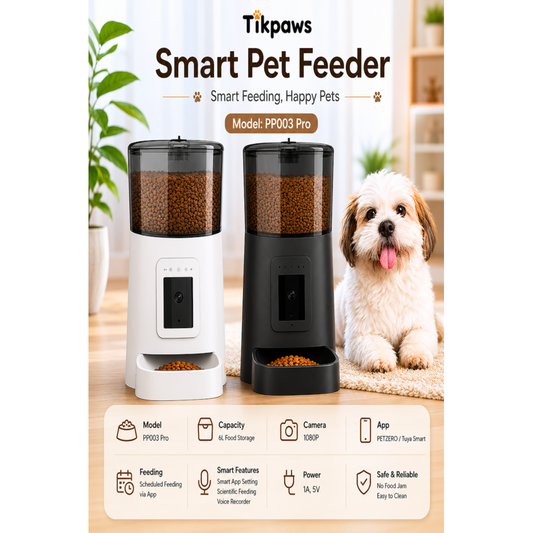 TikPaws PP003-Pro Smart WiFi Pet Feeder – 6L Automatic Food Dispenser with Camera, 2.4GHz WiFi & Voice Recording