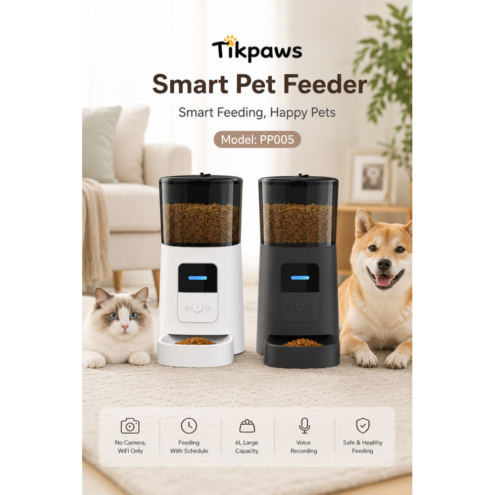 TikPaws PP005 WiFi Smart Pet Feeder – 6L Automatic Food Dispenser , 2.4GHz WiFi & Voice Recording