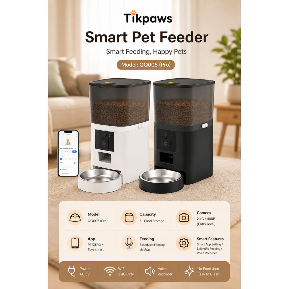 TikPaws QQ005 Pro Smart Pet Feeder – 6L Automatic Single Bowl Food Dispenser with 480P Night Vision Camera & WiFi Control