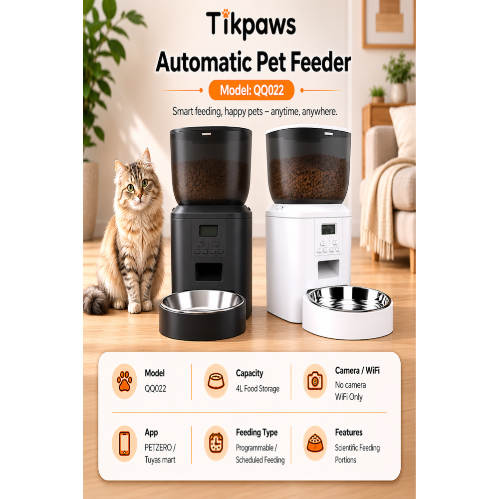 TikPaws QQ022 Smart Pet Feeder – 4L   Automatic Food Dispenser with Programmable Feeding, LCD Display & 2.4G WiFi Scheduling