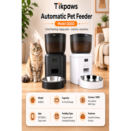 TikPaws QQ022 Smart Pet Feeder – 4L   Automatic Food Dispenser with Programmable Feeding, LCD Display & 2.4G WiFi Scheduling