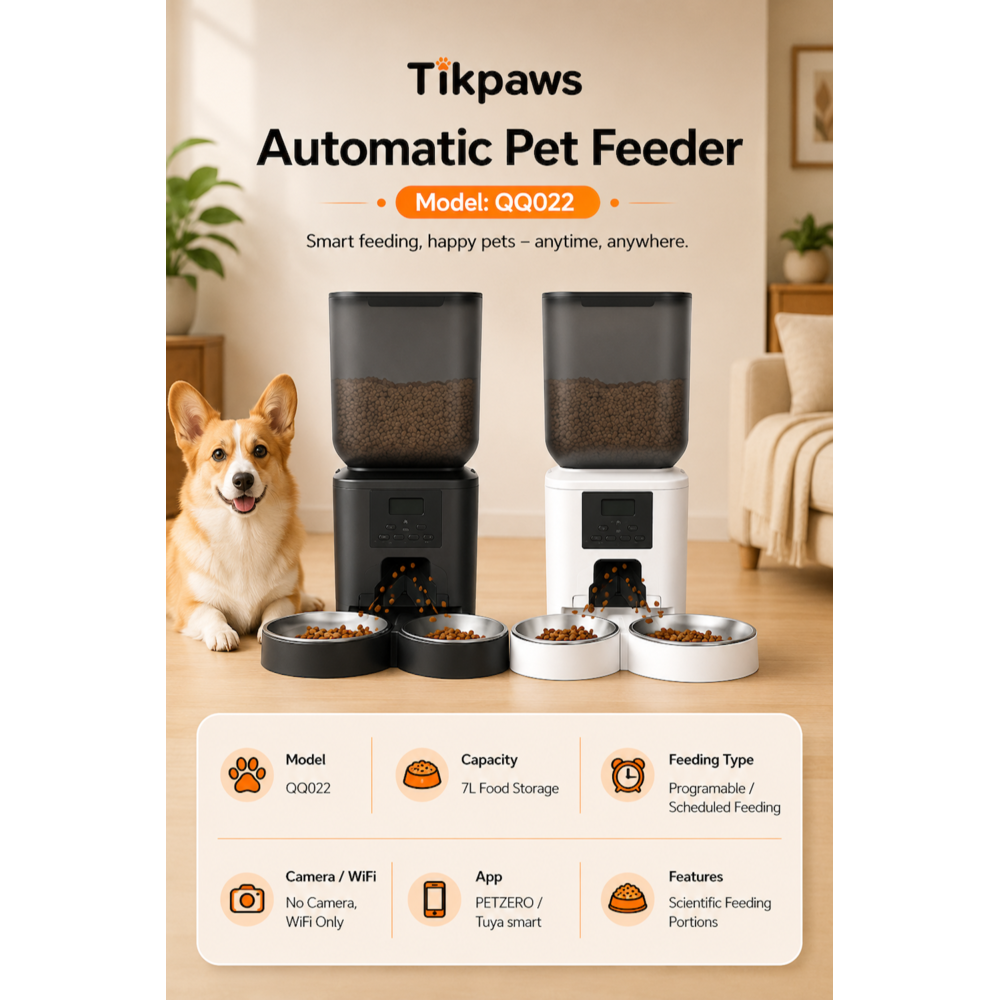 TikPaws QQ022 Automatic Pet Feeder – 7L Programmable Food Dispenser with LCD Display & Scientific Portion Control
