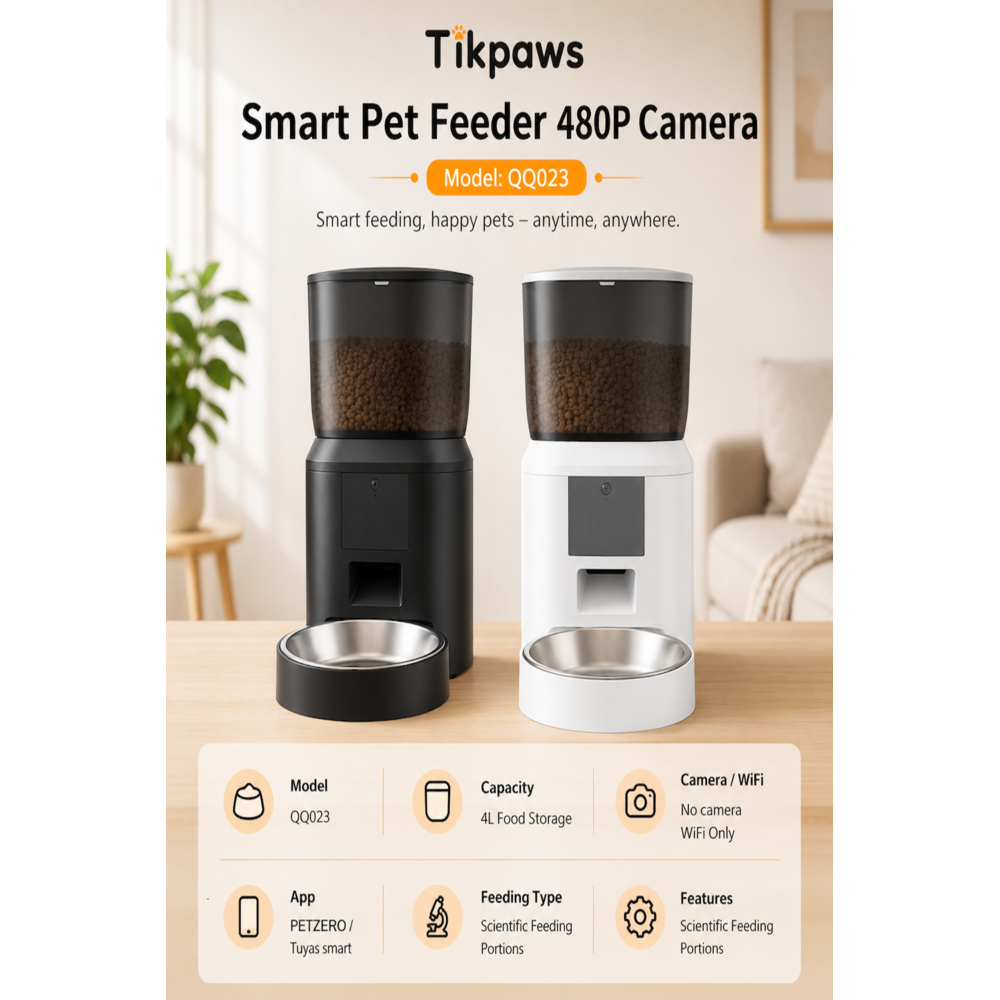 TikPaws QQ023 Smart Pet Feeder – 4L Automatic Food Dispenser with WiFi Control, LCD Display & Voice Recording
