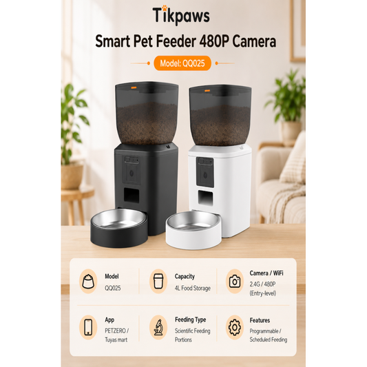 TikPaws QQ025 Smart Pet Feeder – 4L Automatic Food Dispenser with 480P Camera, LCD Display & App Control