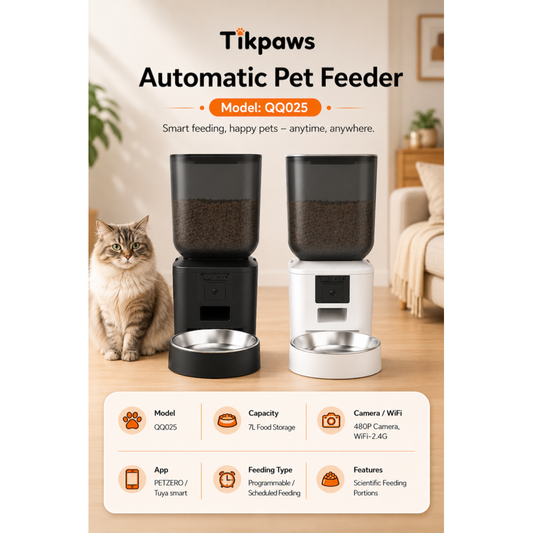 TikPaws QQ025 Smart Pet Feeder – 7L Automatic Food Dispenser with 480P Camera, 2.4GHz WiFi & App Control