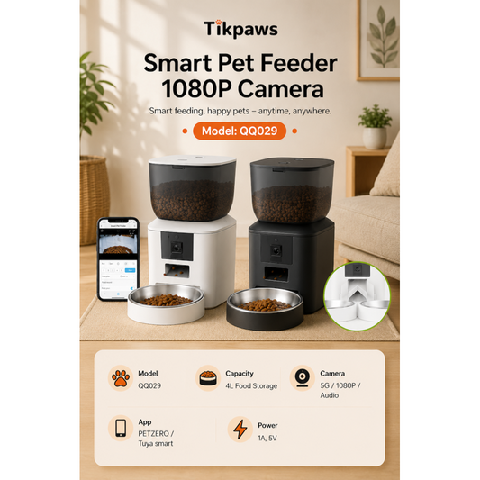 TikPaws QQ029 Smart Pet Feeder – 4L Automatic Food Dispenser with 1080P HD Camera, Dual WiFi & App Control