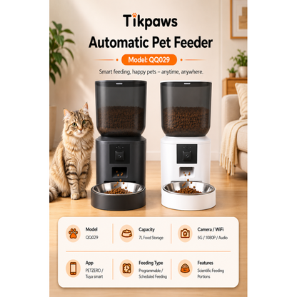 TikPaws QQ029 7L Smart Pet Feeder – 1080P HD Camera Automatic Food Dispenser with Dual WiFi & App Control