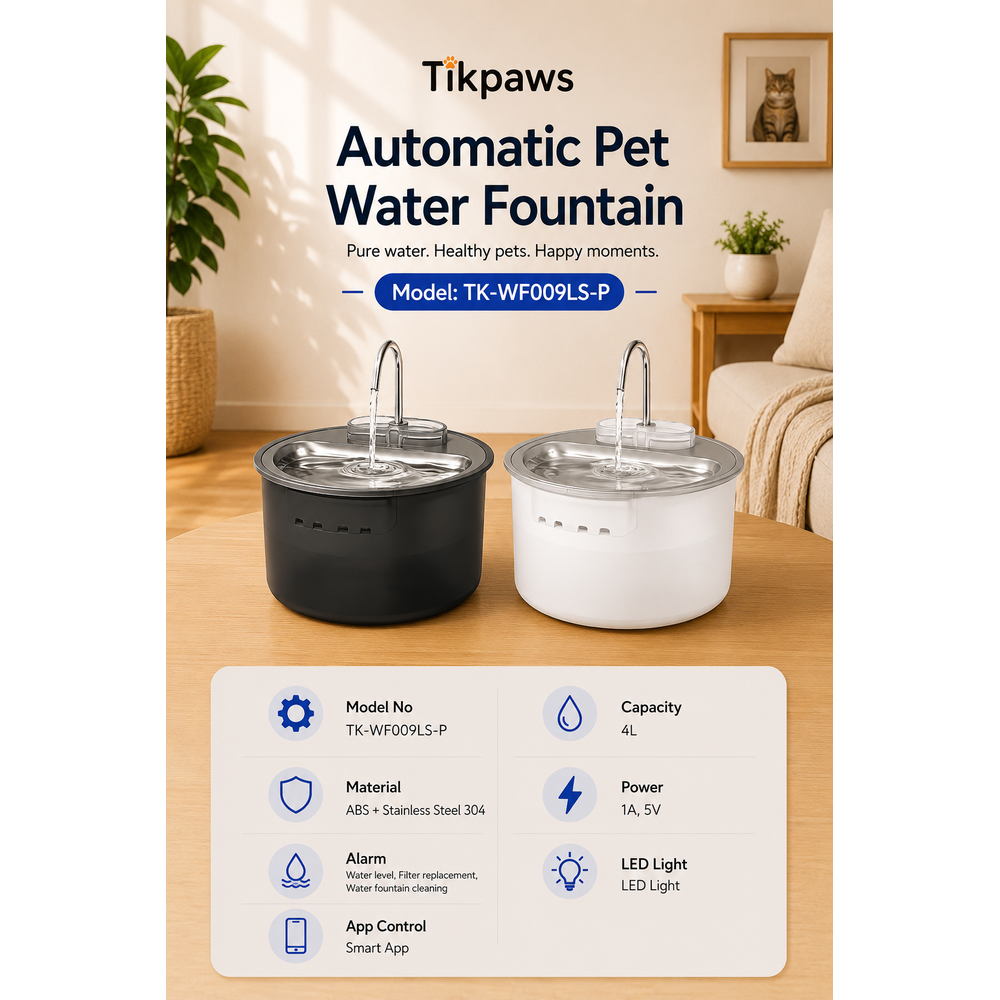 TikPaws TK-WF009LS-P Automatic Pet Water Fountain – 4L Stainless Steel Drinking Fountain