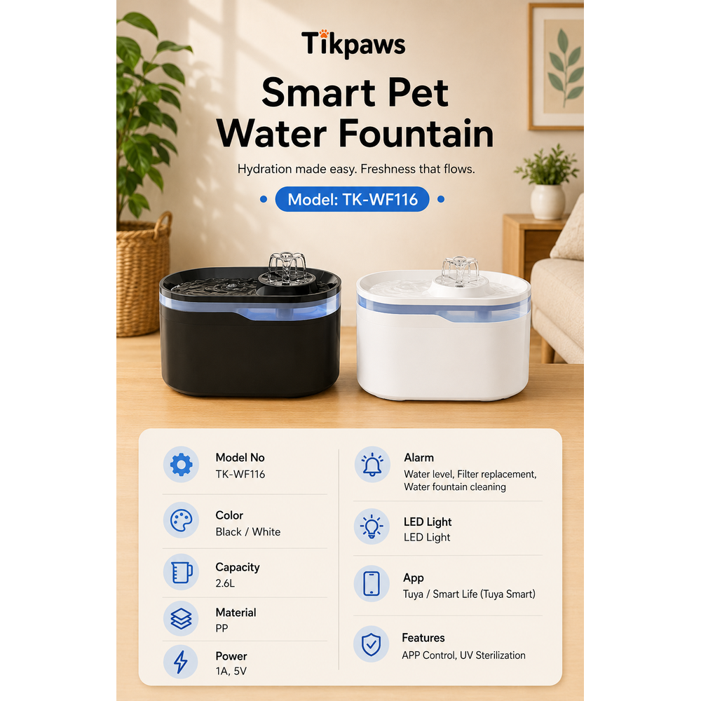 TikPaws TK-WF116 Smart Pet Water Fountain – 2.8L WiFi Automatic Water Fountain with App Control & LED Light
