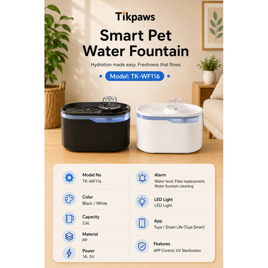 TikPaws TK-WF116 Smart Pet Water Fountain – 2.8L WiFi Automatic Water Fountain with App Control & LED Light