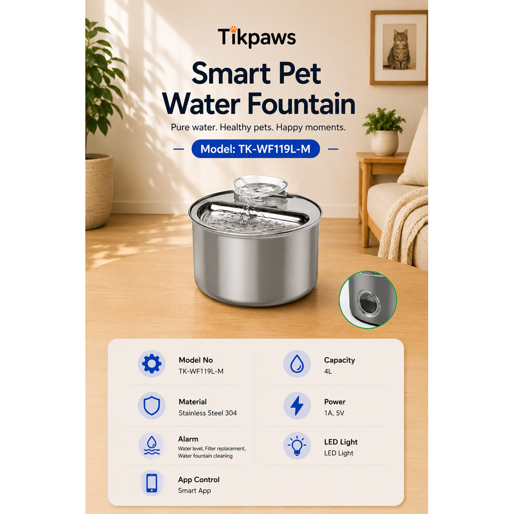 TikPaws TK-WF119L-M Smart Pet Water Fountain – 4L Stainless Steel Smart Fountain with APP Control